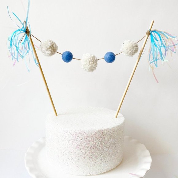 Blue Pom Pom Felt Ball Cake Topper, Birthday Cake Topper for Boys, Party Decor - Picture 2 of 5
